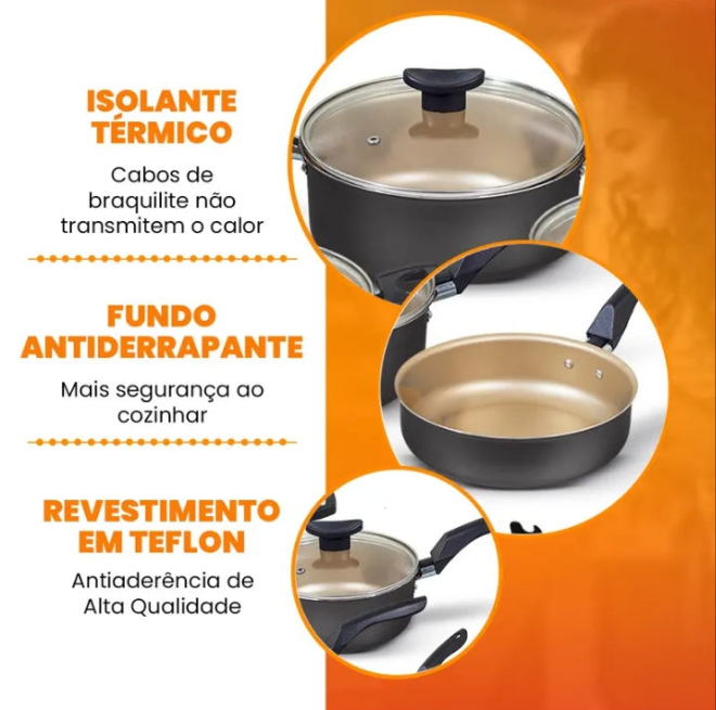 Jogo de Panelas Antiaderentes 10 peças Varias Cores Conjunto Tampa de Vidro