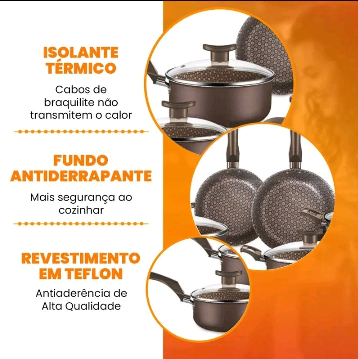 Jogo de Panelas Antiaderentes 10 Peças Conjunto Com tampa de Vidro teflon.