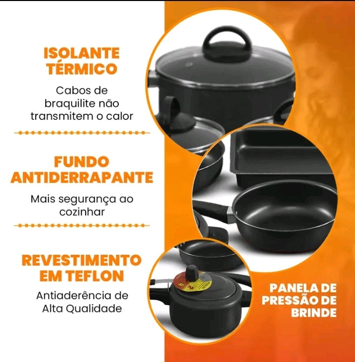 Conjunto de Panelas Antiaderentes 17 Peças Varias Cores Conjunto Com Tampa De Vidro Teflon