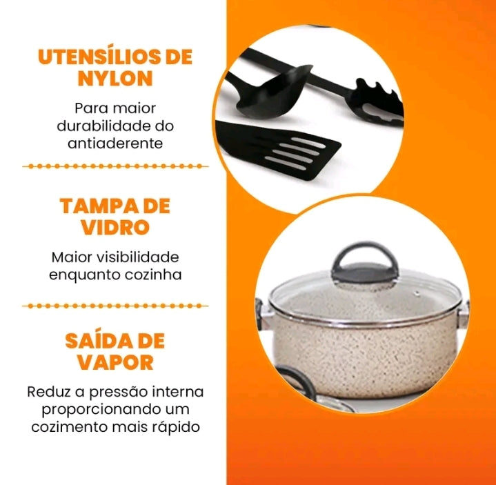 Conjunto de Panelas Antiaderentes 17 Peças Varias Cores Conjunto Com Tampa De Vidro Teflon