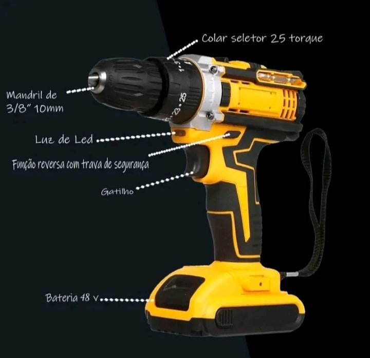 FURADEIRA PARAFUSADEIRA SEM FIO A BATERIA 48V 3/8 10MM COM MALETA E ACESSÓRIOS