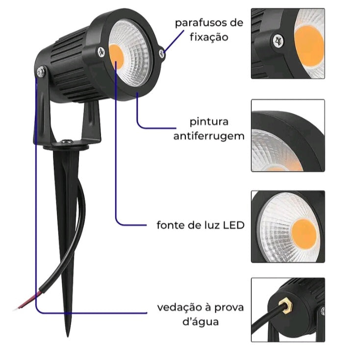 Kit 3 Luminarias Espeto Jardim Led 7w bivolt A prova D'agua IP65 Luz de Jardim Área Externa Refletor Cob