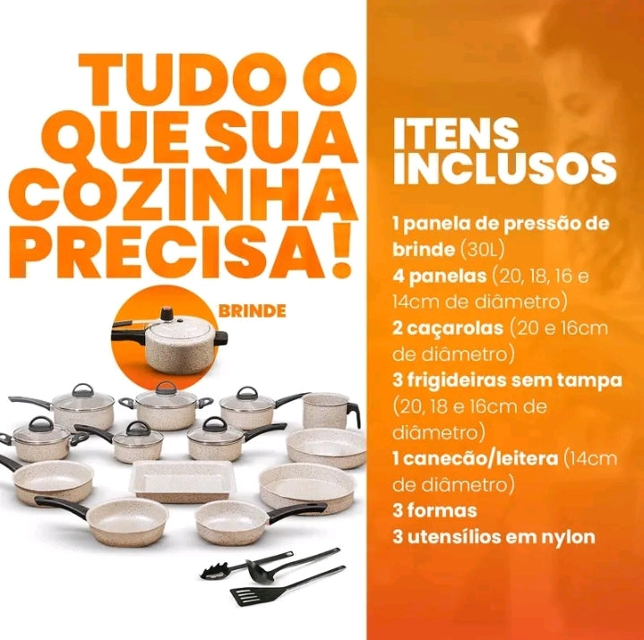 Conjunto de Panelas Antiaderentes 17 Peças Varias Cores Conjunto Com Tampa De Vidro Teflon