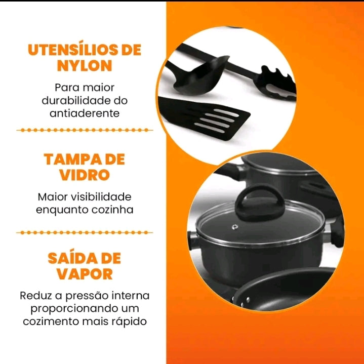 Conjunto de Panelas Antiaderentes 17 Peças Varias Cores Conjunto Com Tampa De Vidro Teflon