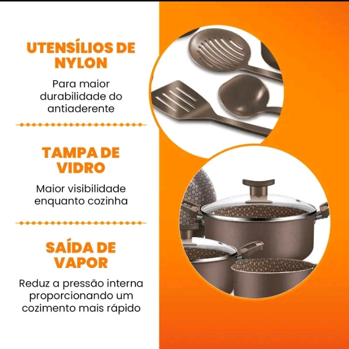 Jogo de Panelas Antiaderentes 10 Peças Conjunto Com tampa de Vidro teflon.