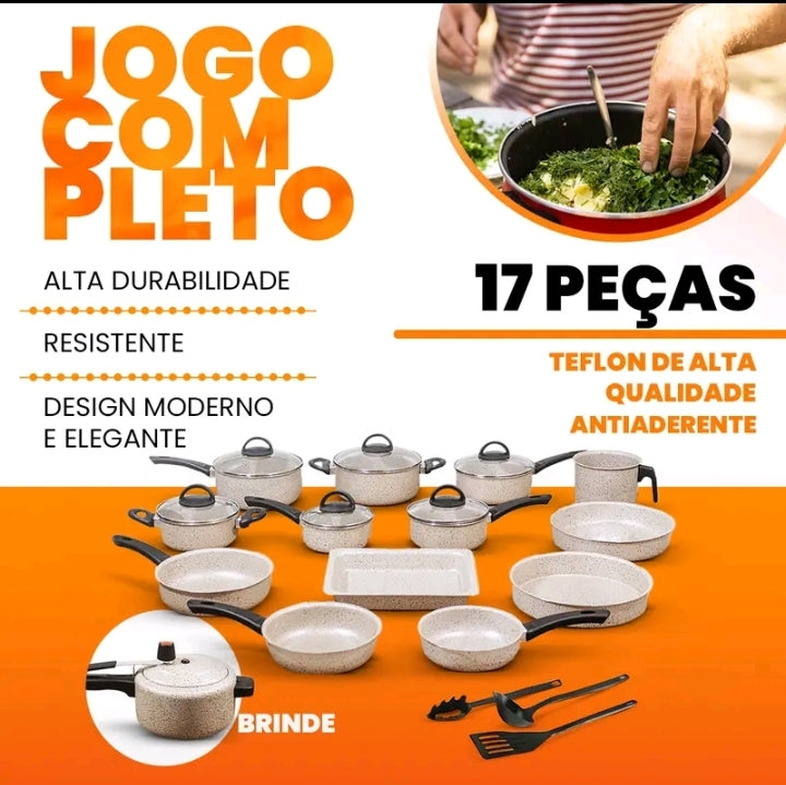 Conjunto de Panelas Antiaderentes 17 Peças Varias Cores Conjunto Com Tampa De Vidro Teflon