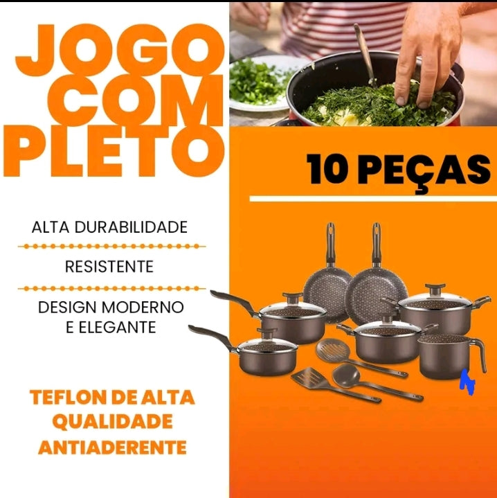 Jogo de Panelas Antiaderentes 10 Peças Conjunto Com tampa de Vidro teflon.