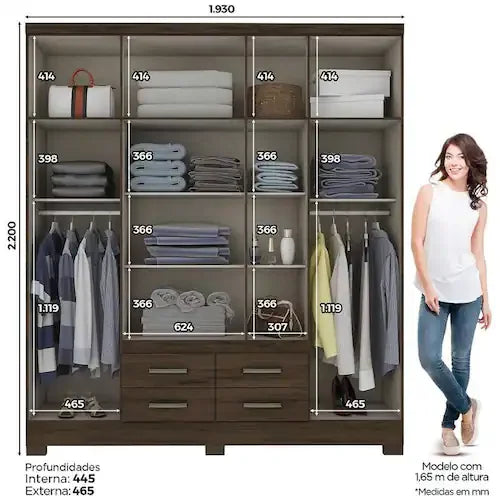 Guarda Roupa Hercules com 6 Portas 4 Gavetas e Espelho